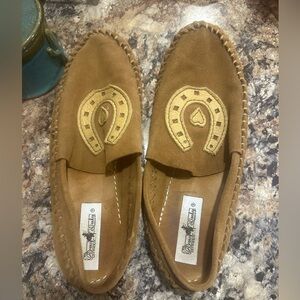 Tan Suede Moccasins with Horseshoe Design